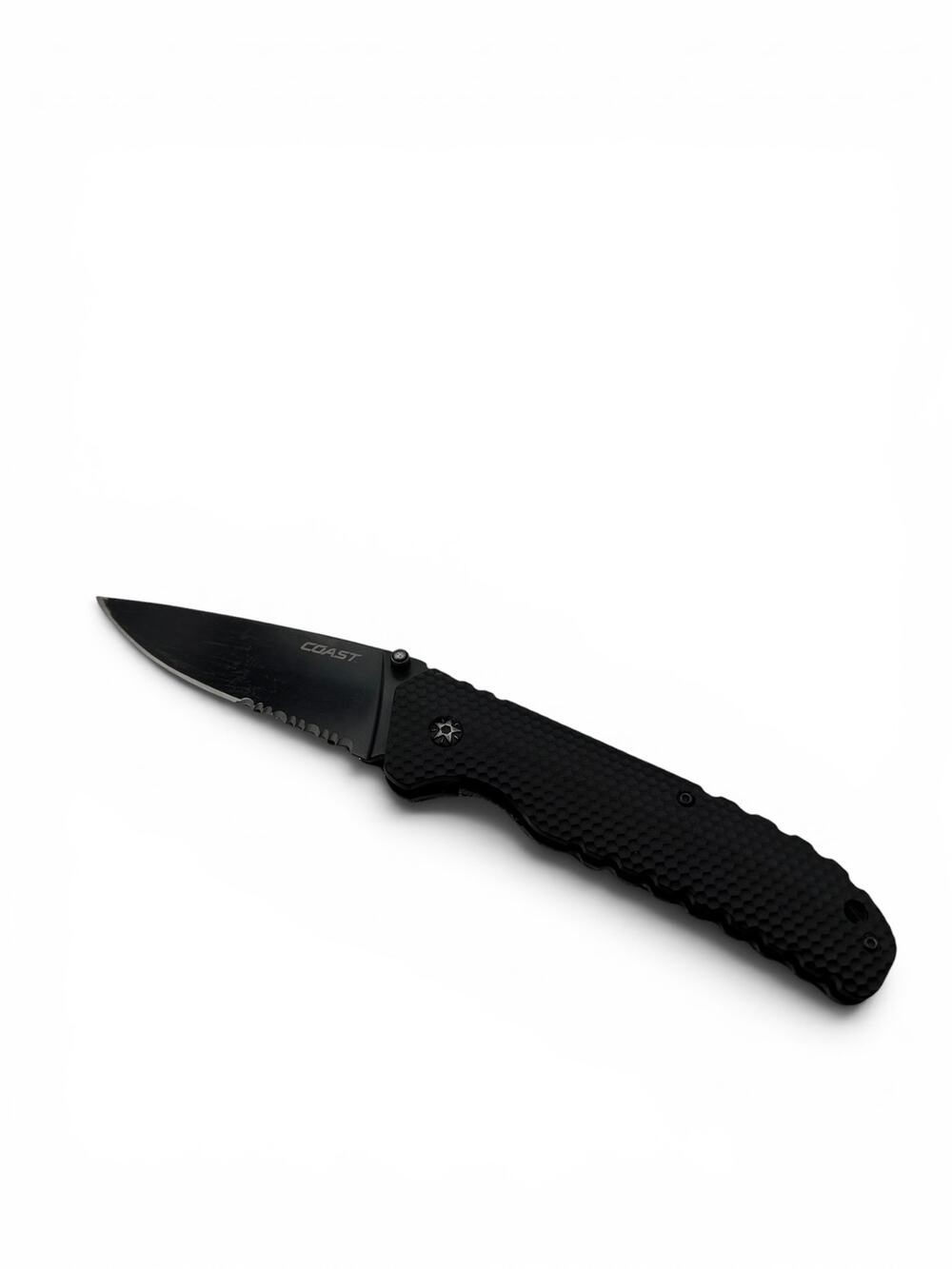 COAST DX344 Folding Knife Plain Serrated Blade Black GFN Handle Liner Lock EDC